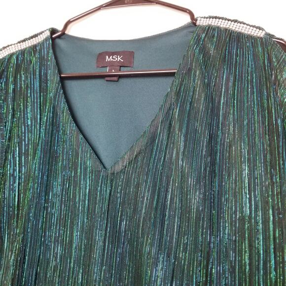 MSK Women's Blue Green Metallic V-Neck Balloon Waist Split Sleeve  Lined Sie L - Picture 2 of 12